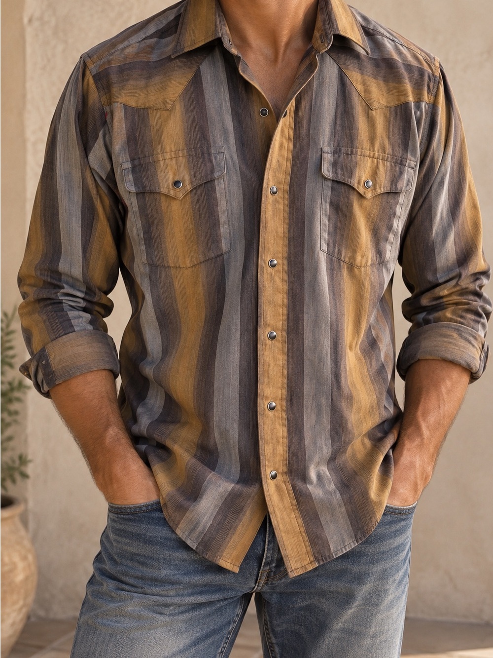 Panhandle Slim Men's Vintage Vertical Stripe Button-Down in Mustard & Gray